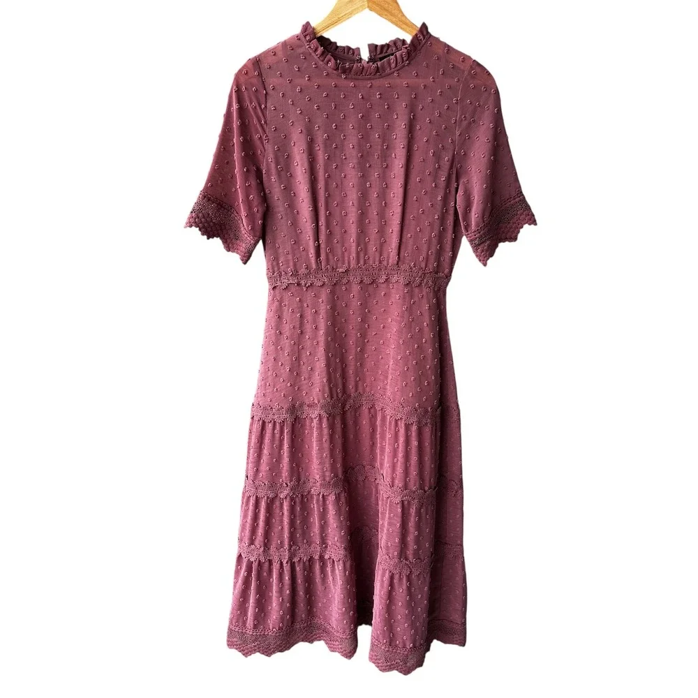 Lulus Dress Mauve Swiss Dot Crochet Lace Tiered Midi Short Sleeve Size Small